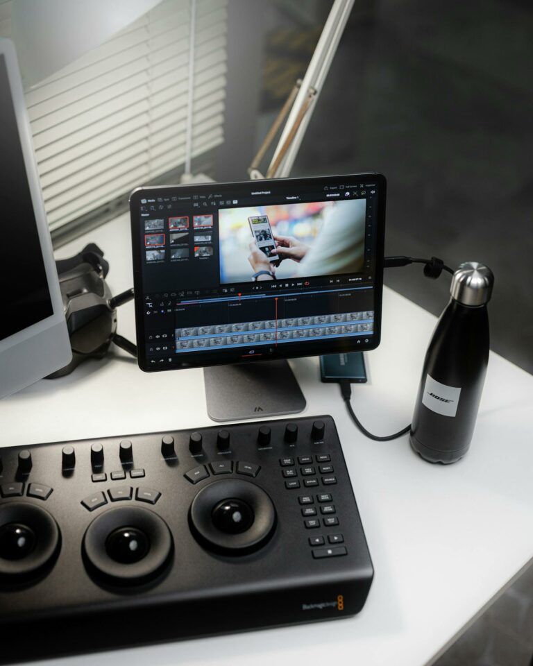 A sleek video editing workspace featuring a tablet, control panel, and monitor, highlighting technology in media production.